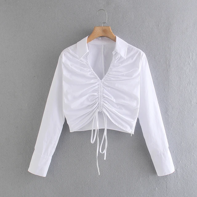 

Fashion White Trends Drawstring Blouse White Ruched Tops Women Long Sleeve Shirt And Blouses