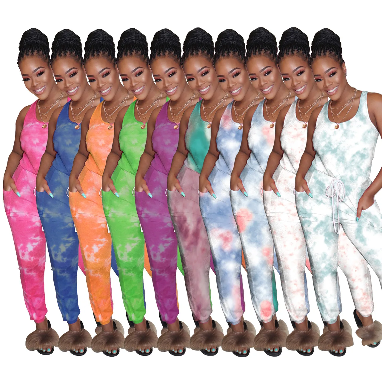 

FM-M1067 Summer New Sleeveless Vest Dyeing Jumpsuits Women Halter Romper Women Jumpsuit, As pictures