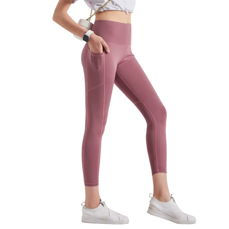 

New Peach-hip High Waisted Gym Solid Color Patchwork Pockets Stretch Tight Seven-point Yoga Pants, As pic