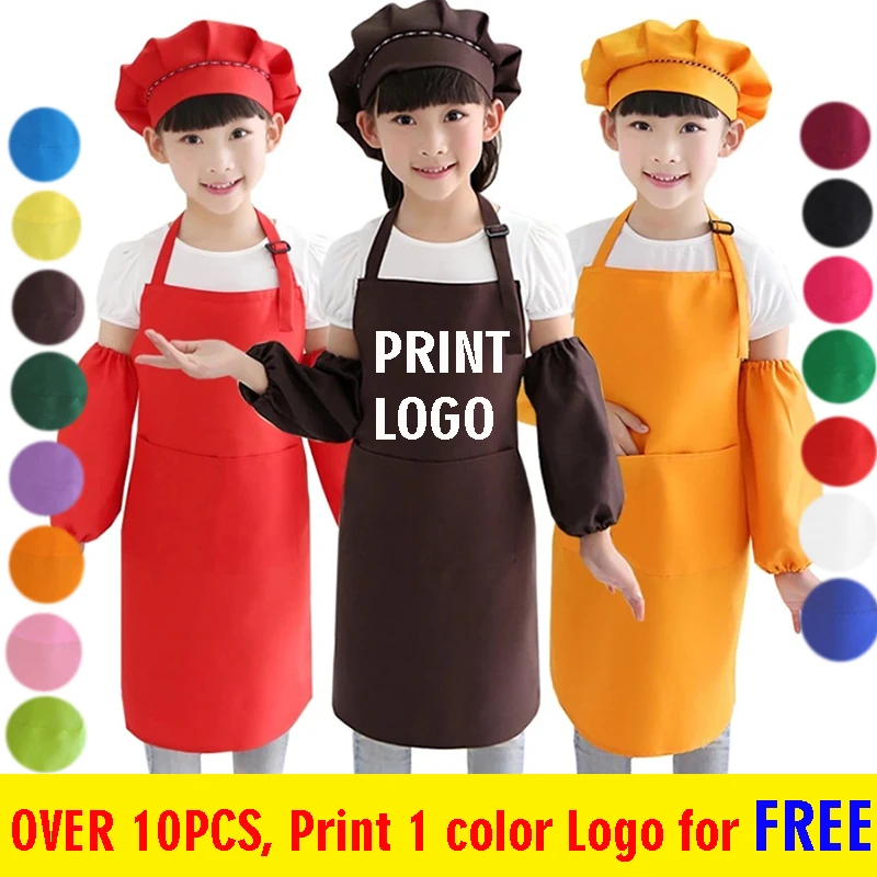

FREE Customized Logo Kids Apron and Hat Sleeves Set Children Apron and Bibs for Painting Drawing Baking with Pocket, 15 stocking colors