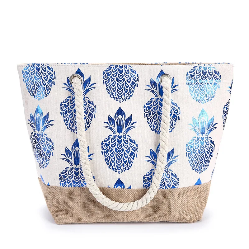 

Travel Leisure Summer Beach Bags Metallic Pineapple Print Beach Tote Bag, Blue, multiple