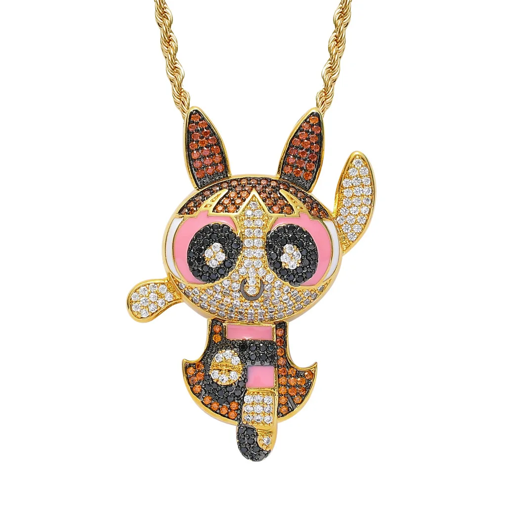 

Hip Hop Cartoon Blossom Necklace 18k Gold Plated Micro Pave Colorful Powerpuff Girl Pendant Necklace, Picture