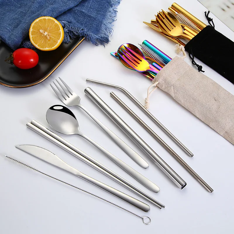 Mirror polish tableware stainless steel 304 knife spoon fork straw korean cutlery set