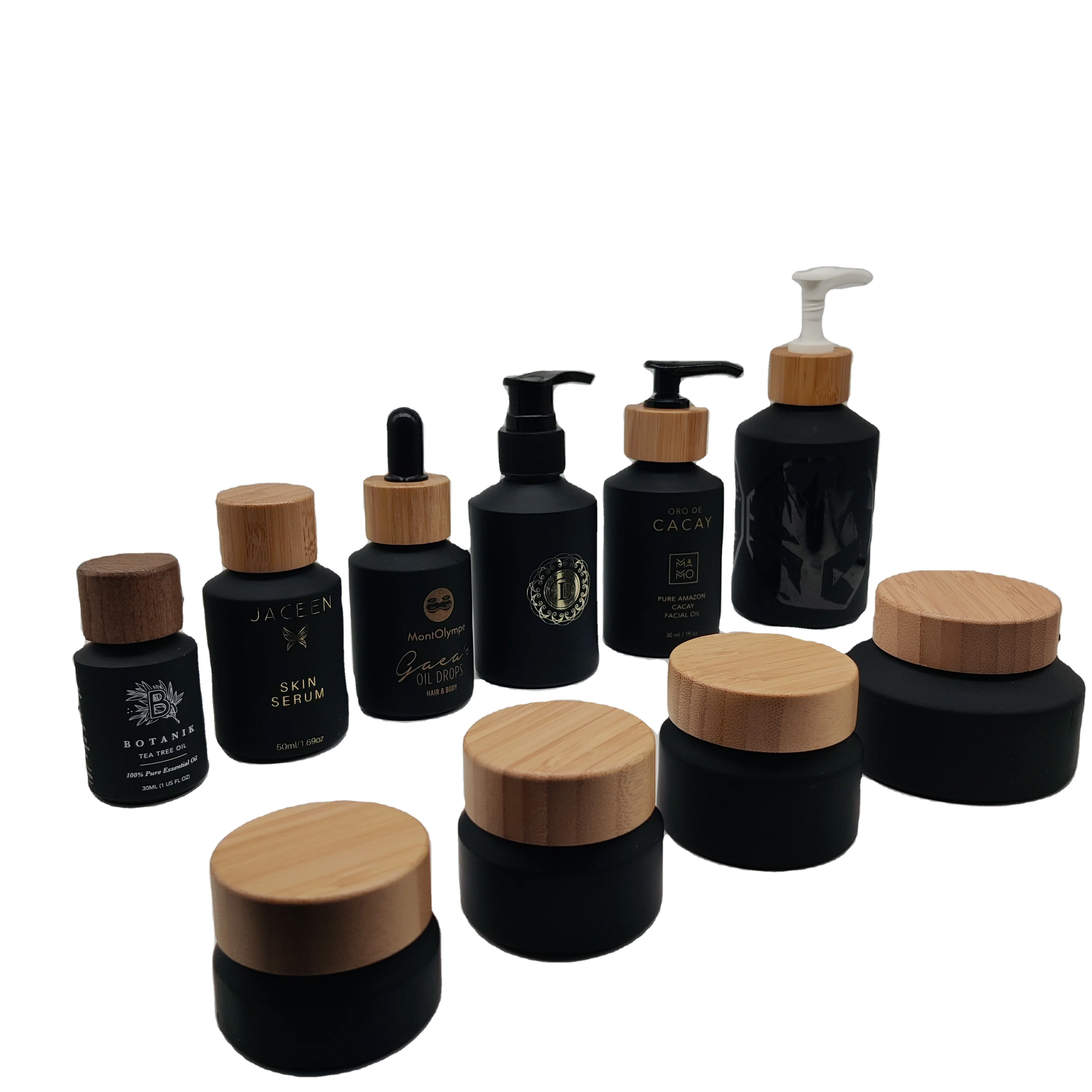 

Cosmetic packaging wood lid pump frosted black glass bottle cream glass jar