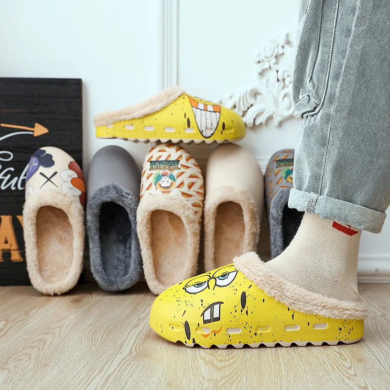 

Wholesale Unisex Pattern Printed Warm Men's Women's Winter House Slippers Mens Womens Plush Yeezy Slides Cotton Slippers, 5color