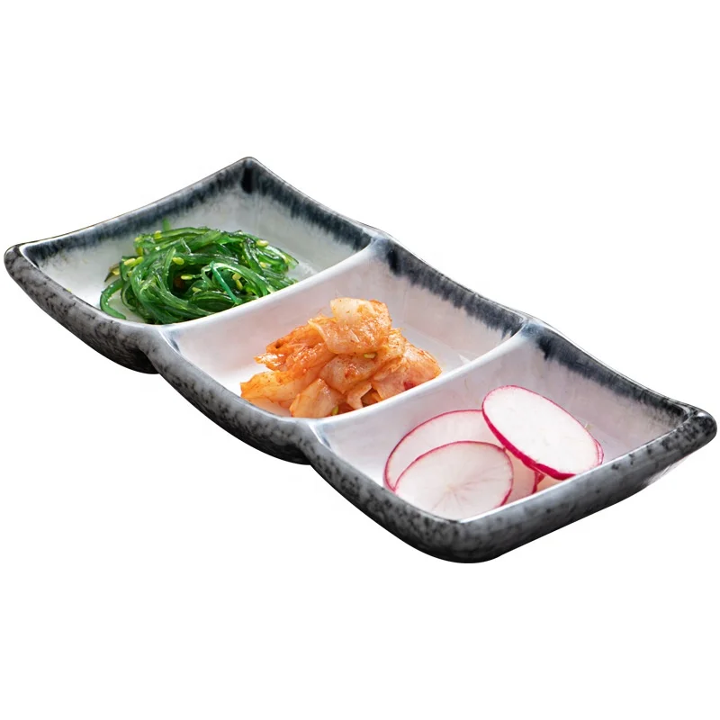 

Factory Wholesale Japanese Style Kiln Color Glazed 7.5 " 3 Compartment Ceramic Soy Vinegar Sauce Dish Plate