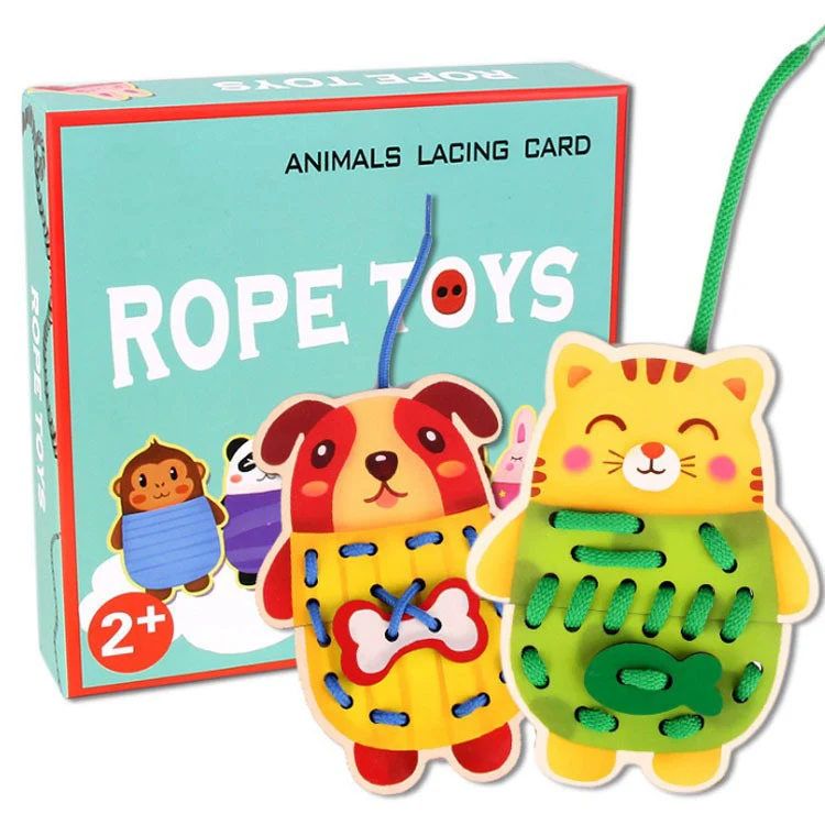 

New fashion animal shape lacing cards for kids wood string game popular threading toys for toddlers