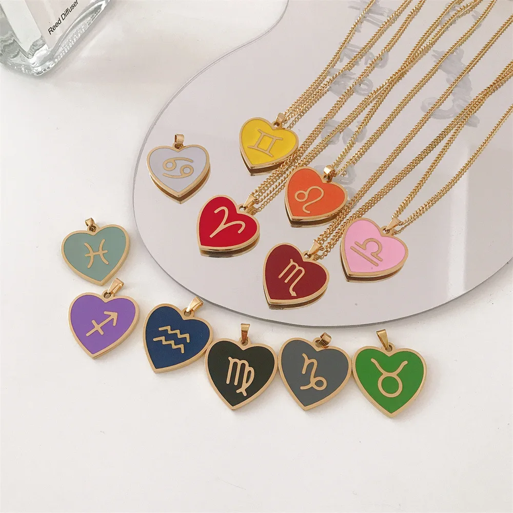 

Amazon Hot Selling Zodiac Heart Necklace Titanium Steel 18K Gold Colorful Heart Charm Fashion Necklace For Women