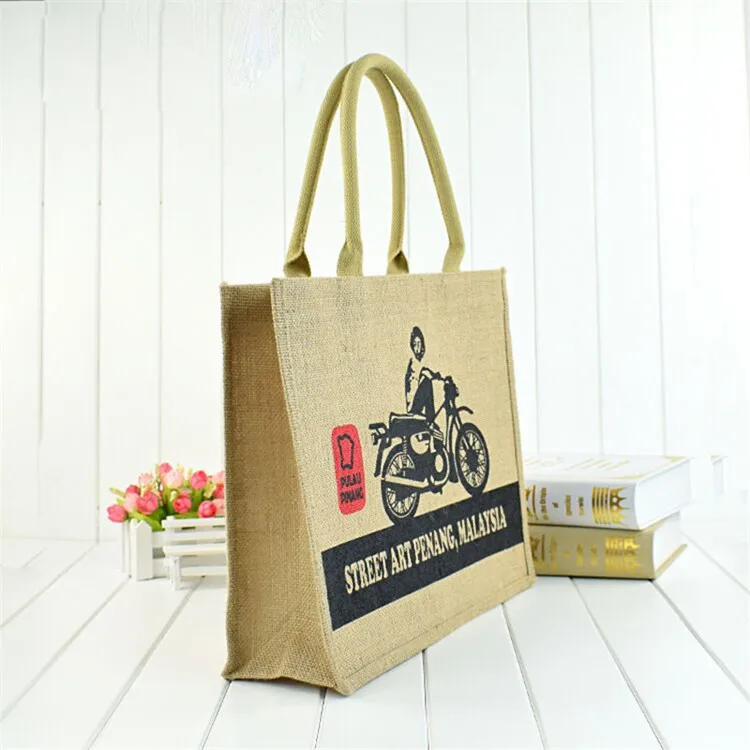 

Custom Printed Logo jute shopper Reusable Foldable linen fabric Shopping Bags Jute Linen Grocery Tote crossbody Bag for Ads