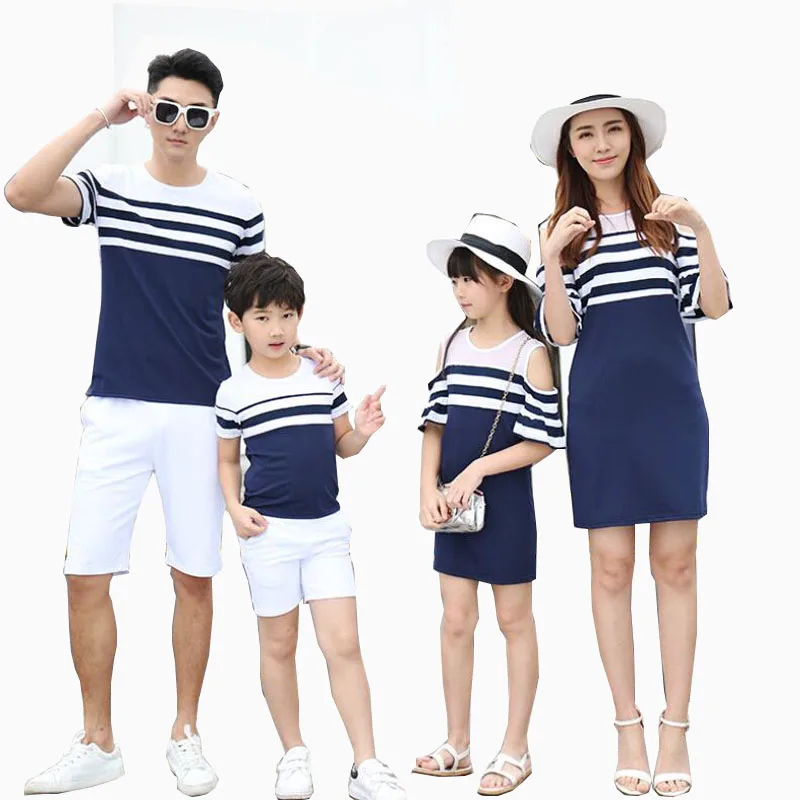 

Wholesale Short Sleeve Striped Knitted Girls Clothing Set Matching Family Clothes Parent-Child Outfit