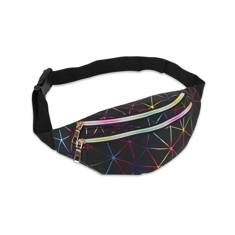 

Wholesale PU Geometric Belt Bum Bags Custom Logo Holographic Fashion Fanny Packs Waist Bag for Ladies Women Girls
