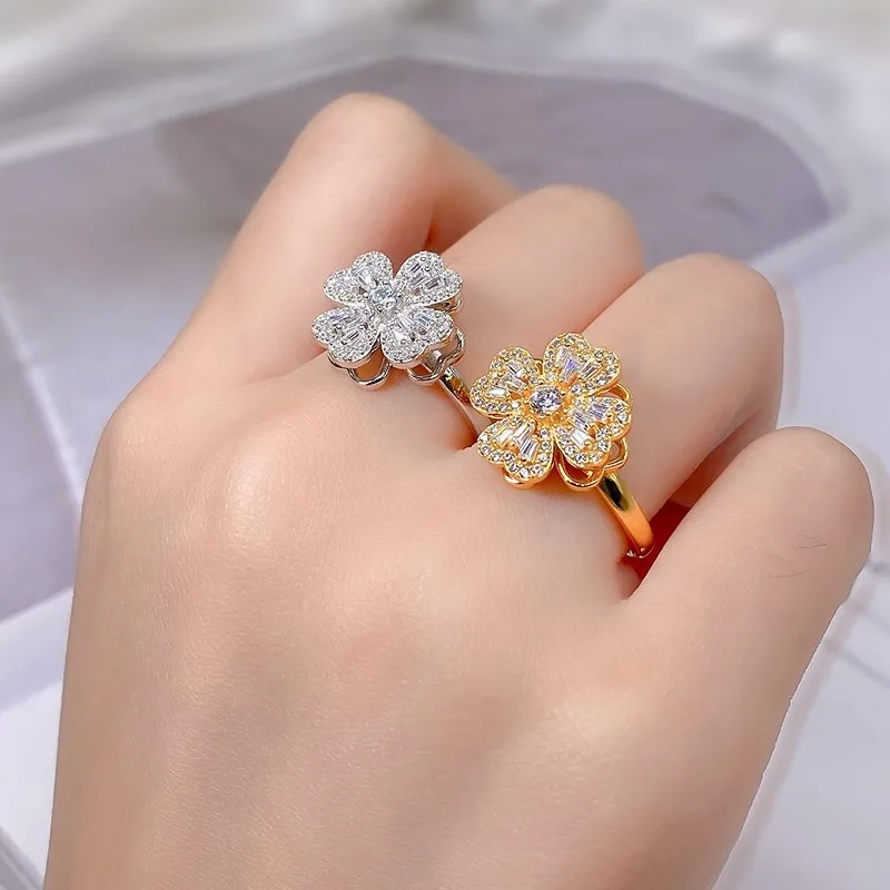 

Fashion Jewelry Zircon Flower Four Leaf Clover Rotating Ring Sunflower Adjustable Anxiety 18k Gold Plated Rings For Women