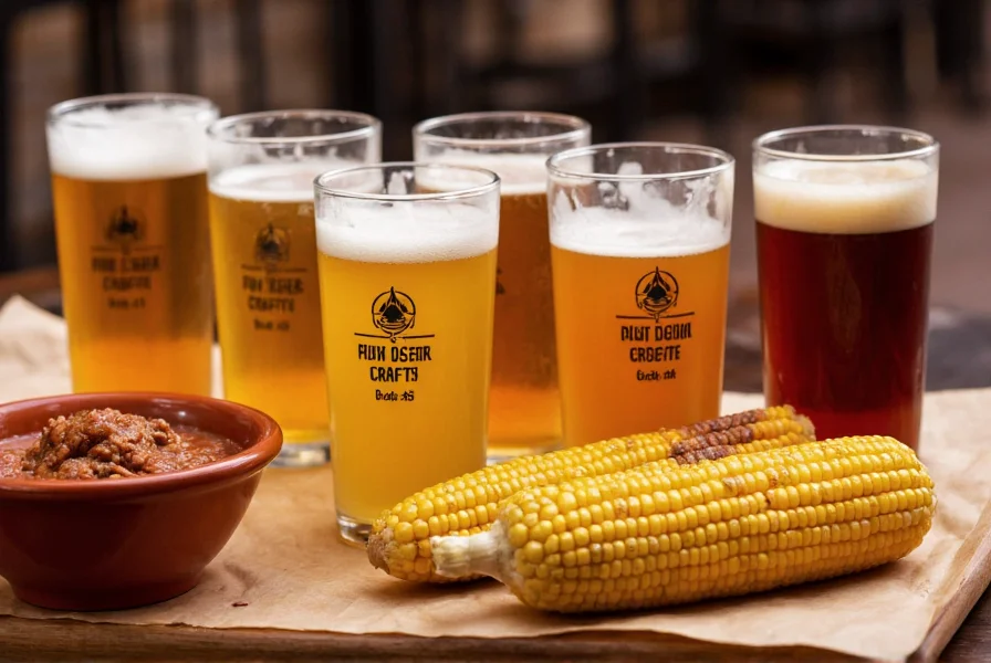 Craft beer flight with four different colored beers next to a bowl of chili and grilled corn