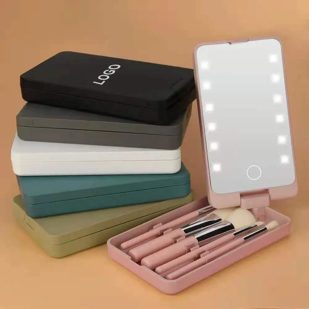 

Wholesale Women Mini LED Mirror Makeup Cosmetic Brush Set Box Electric Portable Makeup Brush LED Mirror Box