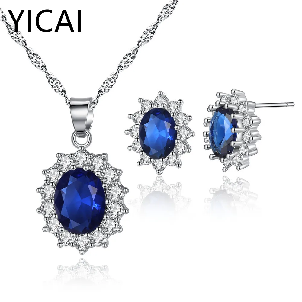 

Luxury Bridal Crystal Necklace Earrings Set For Women Blue Red Cubic Zirconia Engagement Wedding Jewelry Set