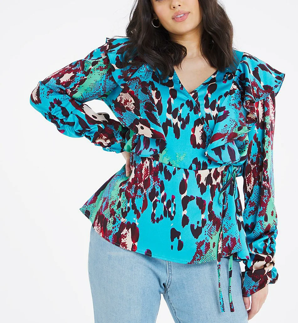 

Wholesale Plus Size Shirts Women Clothing Animal print Casual Women Blouse Long Sleeve Satin Ruffle Blouse, Customized colors