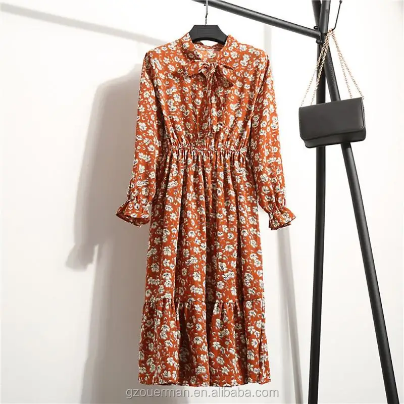 2020 vintage Floral Printing Chiffon Dress Summer Women Long Sleeved Dress Retro Collar Casual Slim Dresses