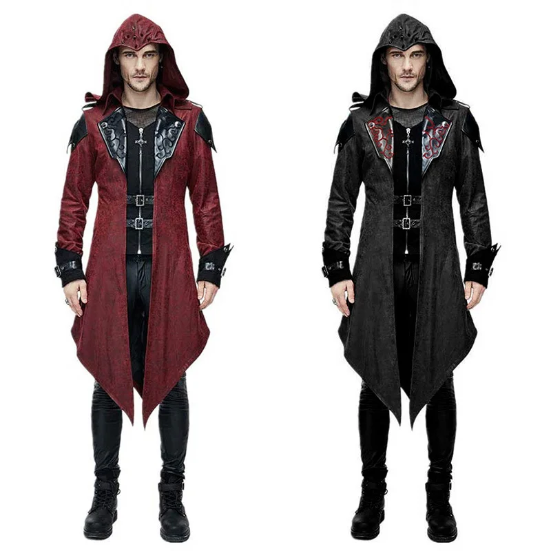 

Mens Trench Coat Leather Hooded Medieval Gothic Renaissance Retro Punk Assassin Creed Long Sleeve Jackets coldker, As show