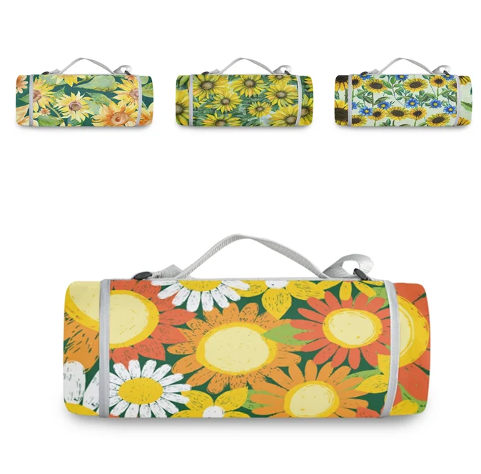 

Thick Dual Layers Waterproof Custom Sunflowers Printed Picnic Blanket For Outdoor Camping Beach Mat