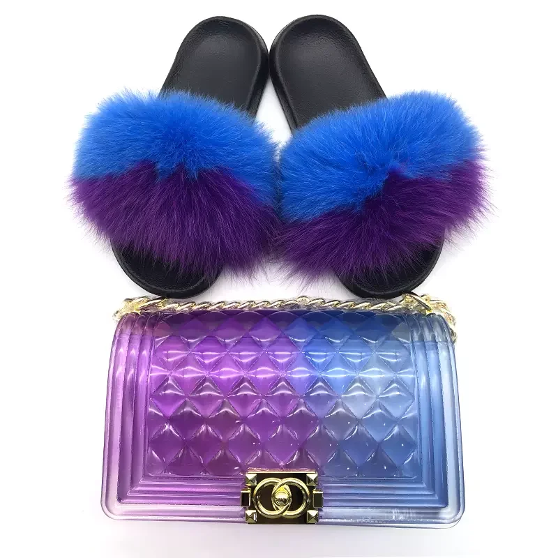 

GW 2020 Women Fur Slippers Fluffy Fox Fur Sandals Jelly Handbag Custom logo indoor eva sole slide sandal colorful 100%