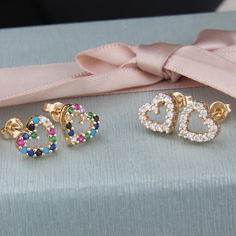 

Luxury Real Gold Plated Cubic Zircon Stud Earrings Rainbow Zirconia Heart Stud Earrings for Women Jewelry