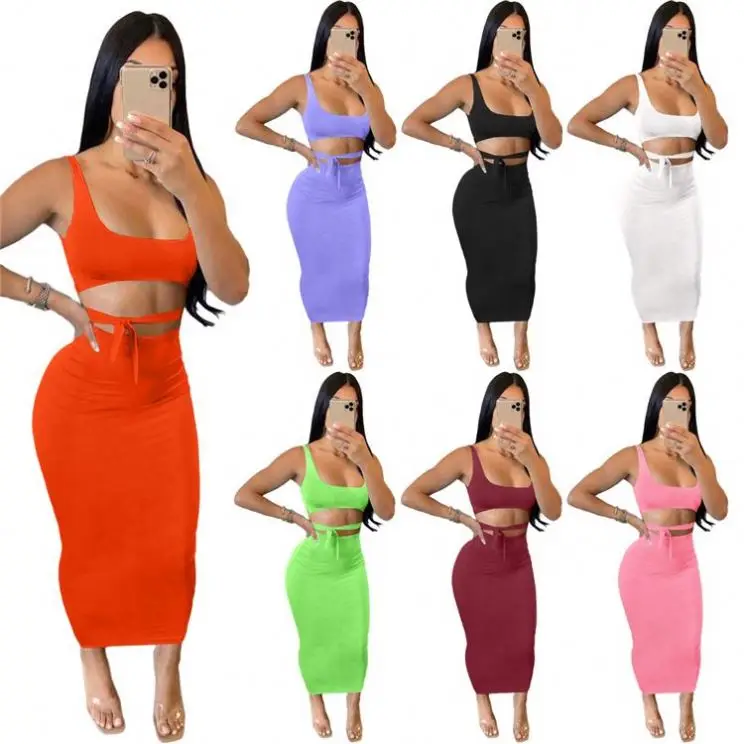 

PEARL 2021 Summer Sexy Crop Top Solid Color CWomens Two Piece Skirt Set Women Clothing