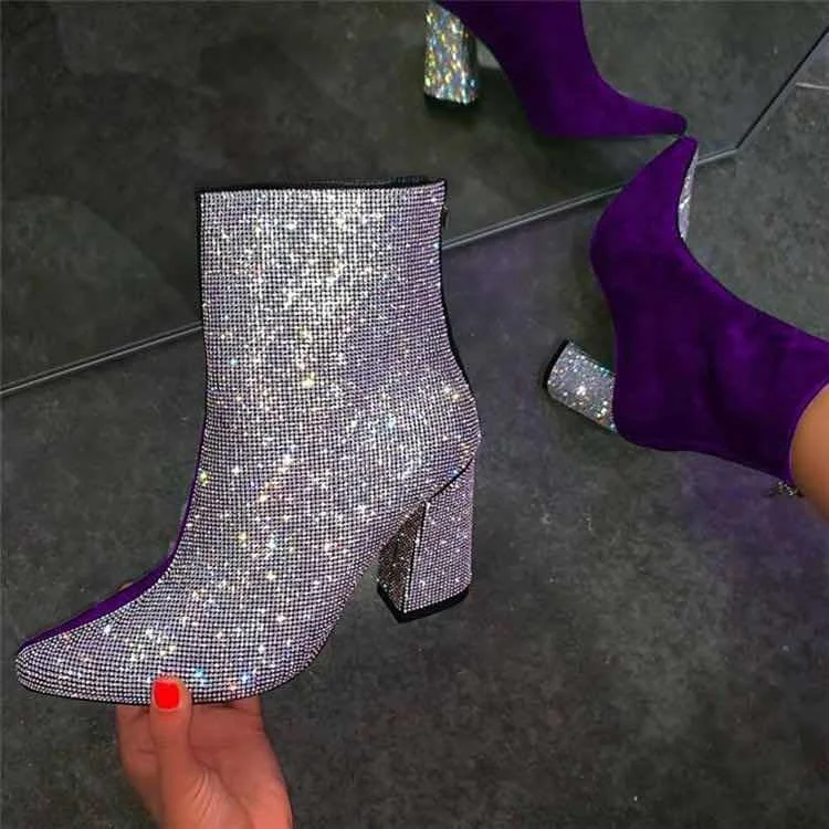 

New Color Block Diamond Ornament Large Size 43 Women Ankle Boots Daily Anti-slip Chunky Heel Sexy Pointed Toe Back Zip Booties, Black,blue,purple