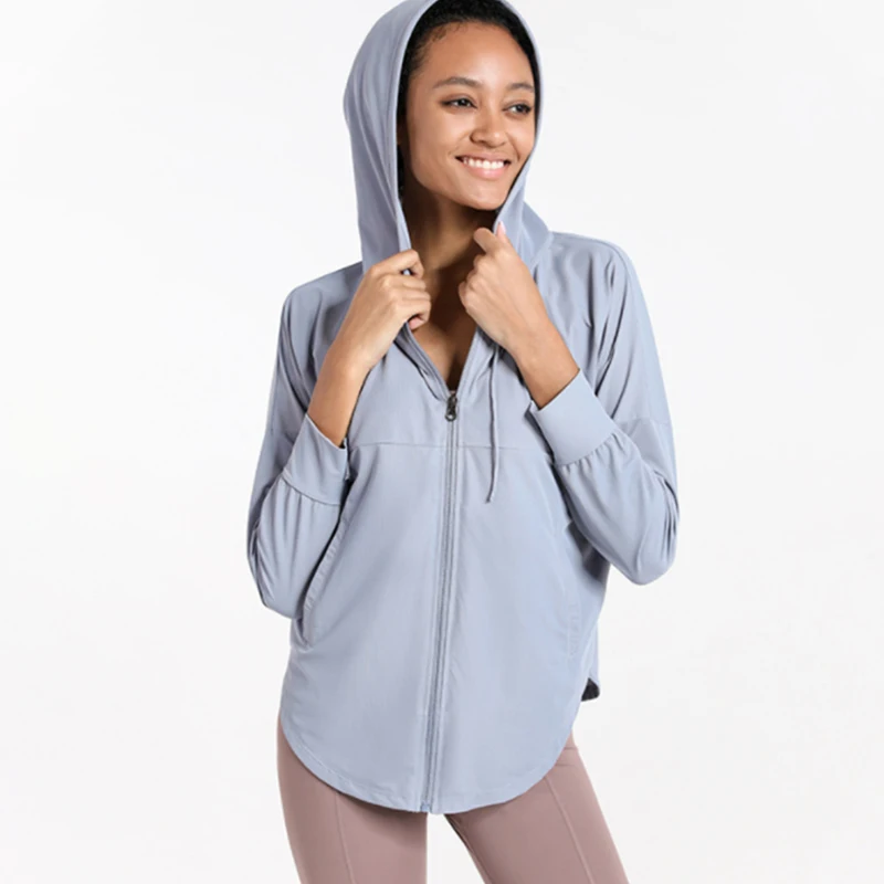 

Loose sports jacket long sleeve hooded top zipper cardigan fitness women's yoga sportswear, White,black, red,purple,yellow,blue