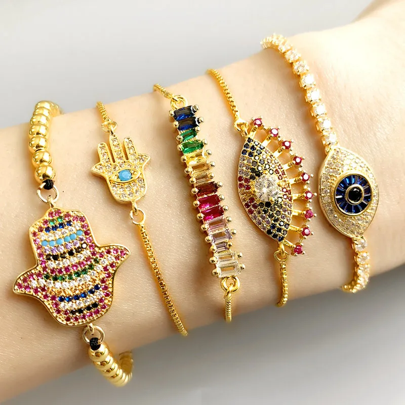

Hot Rainbow Jewelry Bling Bling Charm Fatima Hand Evil Eye Tennis Chain Zircon Adjustable Bracelets For Girl Gifts