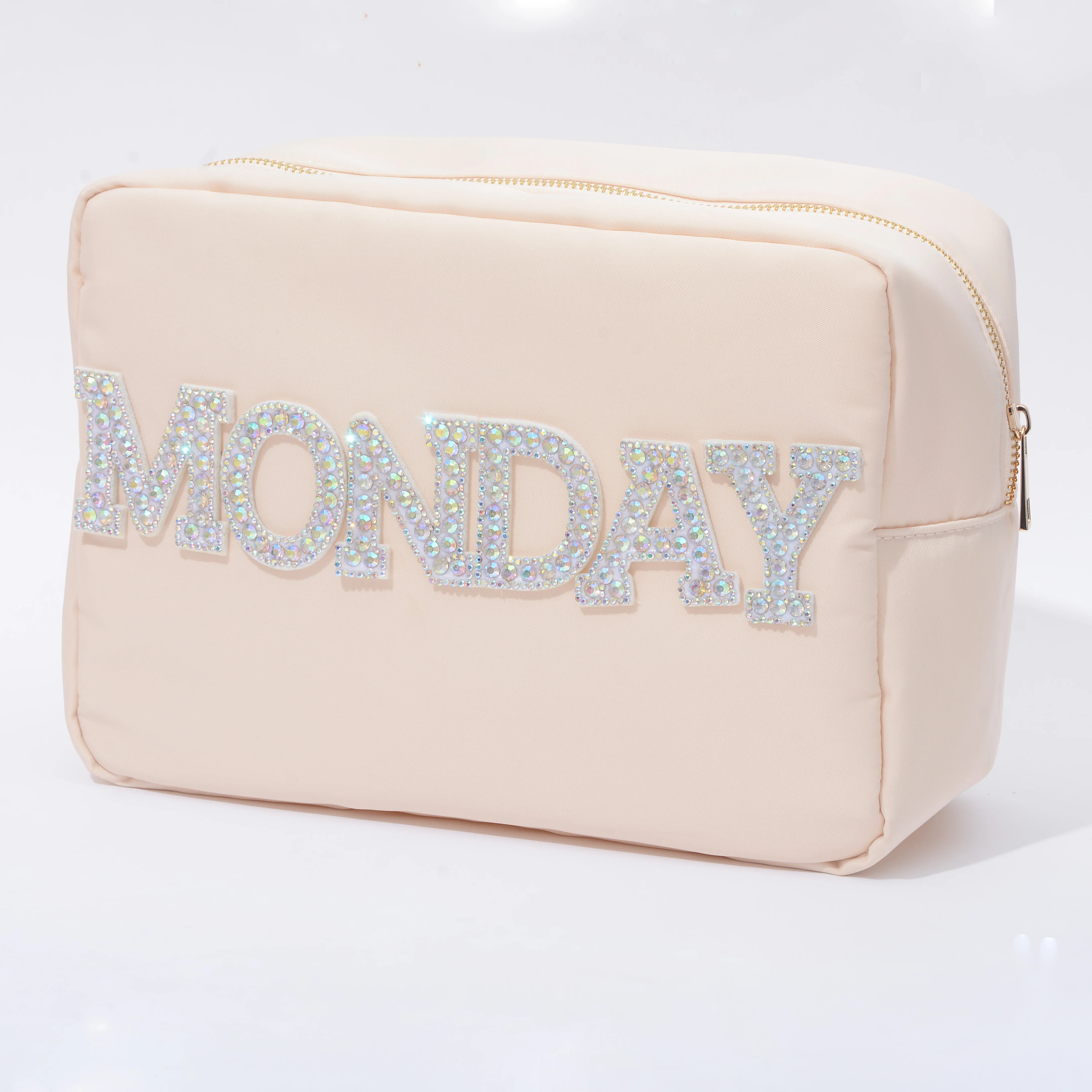 

Customize DIY Letters Patch Hear Pearl Rhinestone Nylon Durable Waterproof Clutch Pouch Makeup Case Nylon Cosmetic Bag