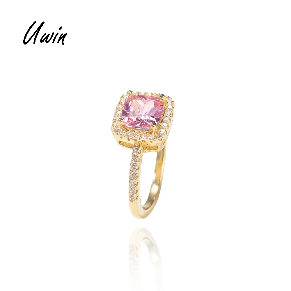 

New Arrivals Iced Out Pink Baguette CZ Ring Women Rapper Finger Rings hip Hop Bling Female Jewelry, Gold color / silver color