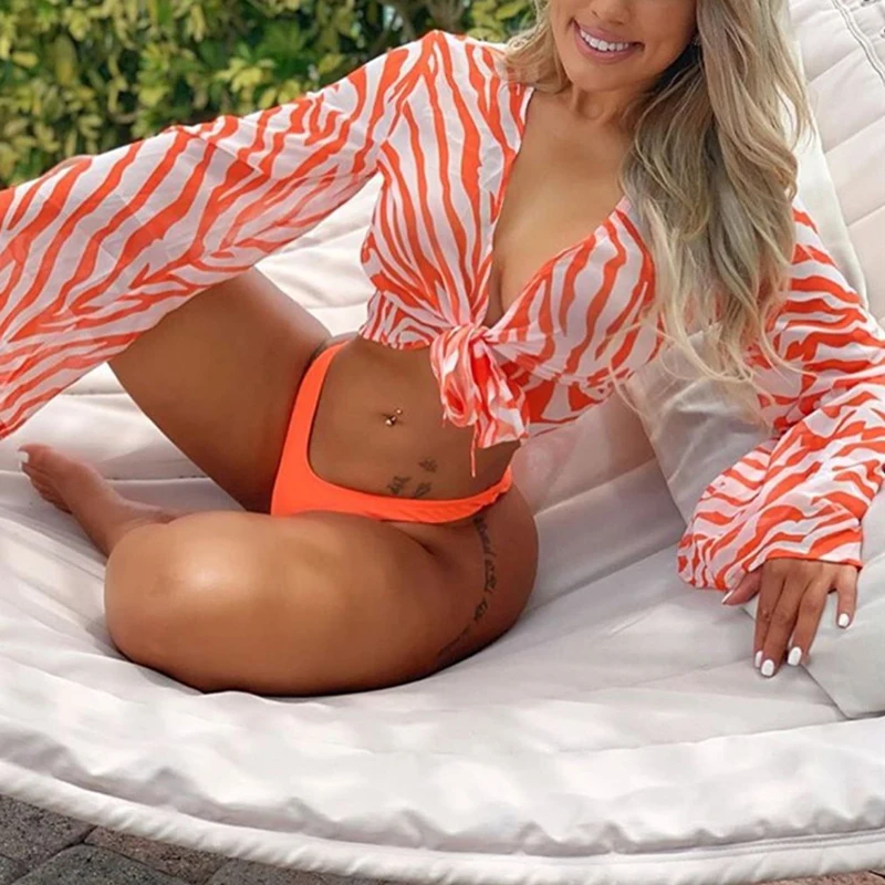 

2019 new 3 piece swimsuit women orange swimwear high quality beach wear cover up, Printing