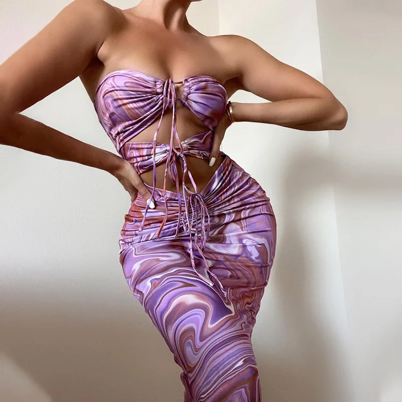 

Hot Selling Summer Print Halter Bandage Hollow Out Backless Women Maxi Dress, 2colors
