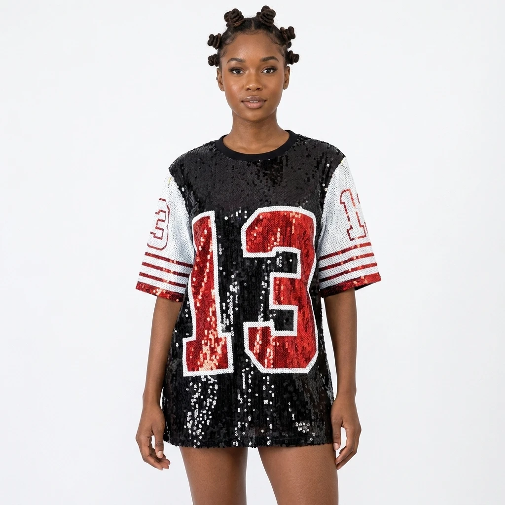 Glitter Women Sequin Shirt Dress Jersey Number 13 Long Sequin Tshirt Round Neck Half Sleeve Loose Printed Club Party Tops
