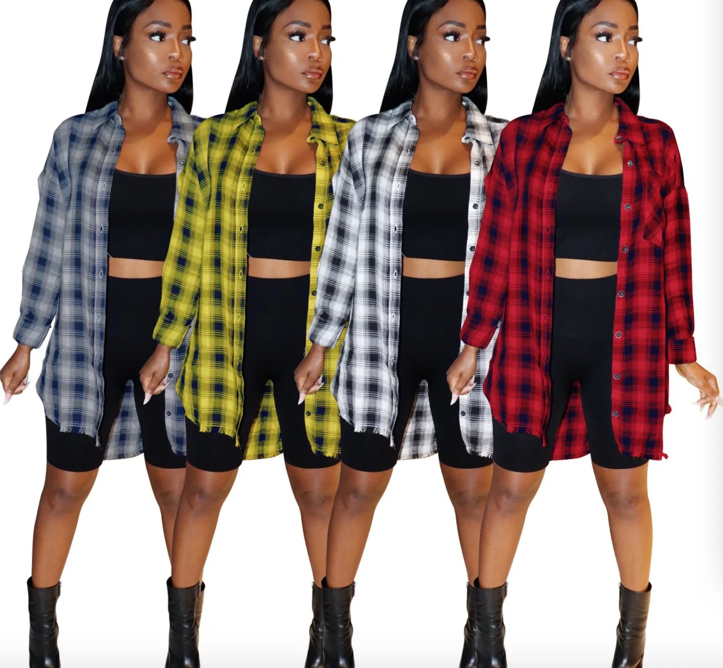

Wholesale hot sales Plaid Shirt coat Button casual dress blue top women women coat