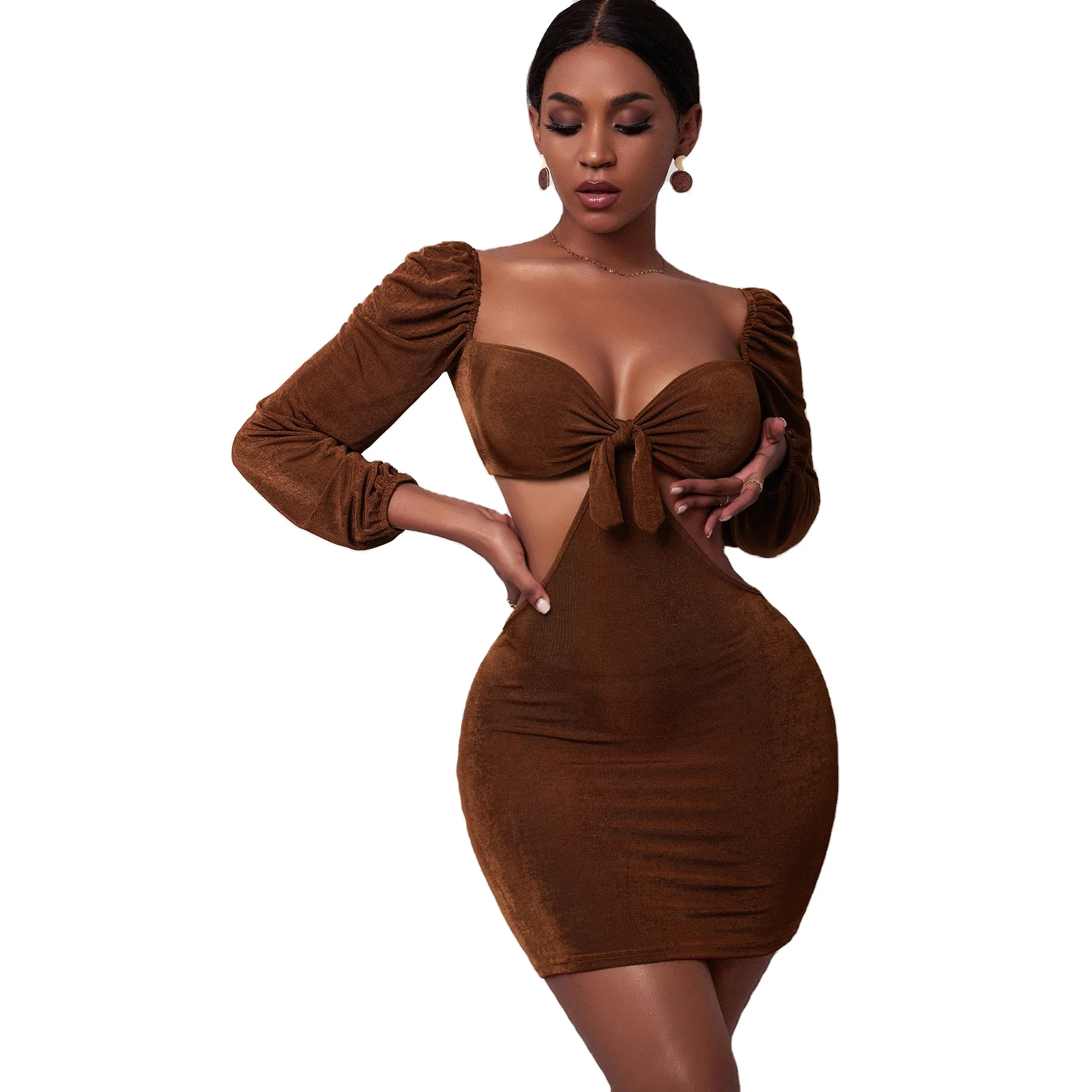 

Cheap gown sexy street wear long sleeves hollow out square neck daily usage casual club lady dress, Picture shown