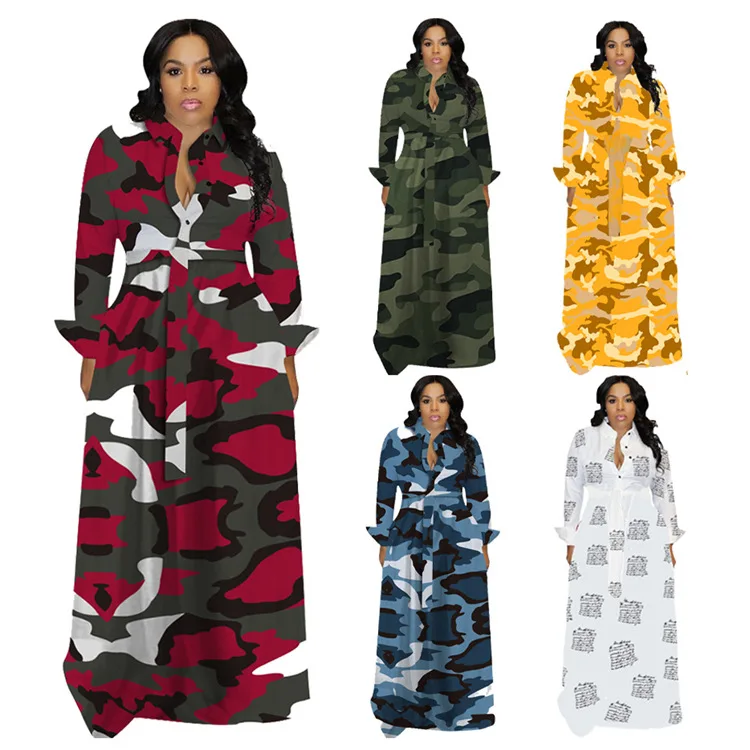 

2021 Amazon Top Seller Apparel Stock Fall Casual Loose Dresses Women Camouflage Maxi Dress Long Sleeve, 5 color , customized color