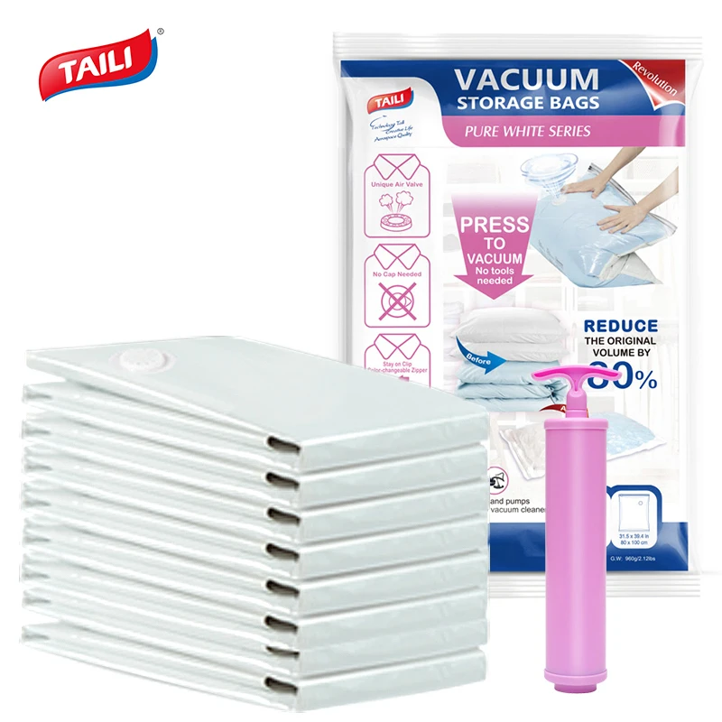 

Taili Travel Spacesaver Premium Vacuum Storage Clothing Compression Bags Set Pump Free Flat 4Pcs Combo For Closet Organization, Trasparent or others customize colors