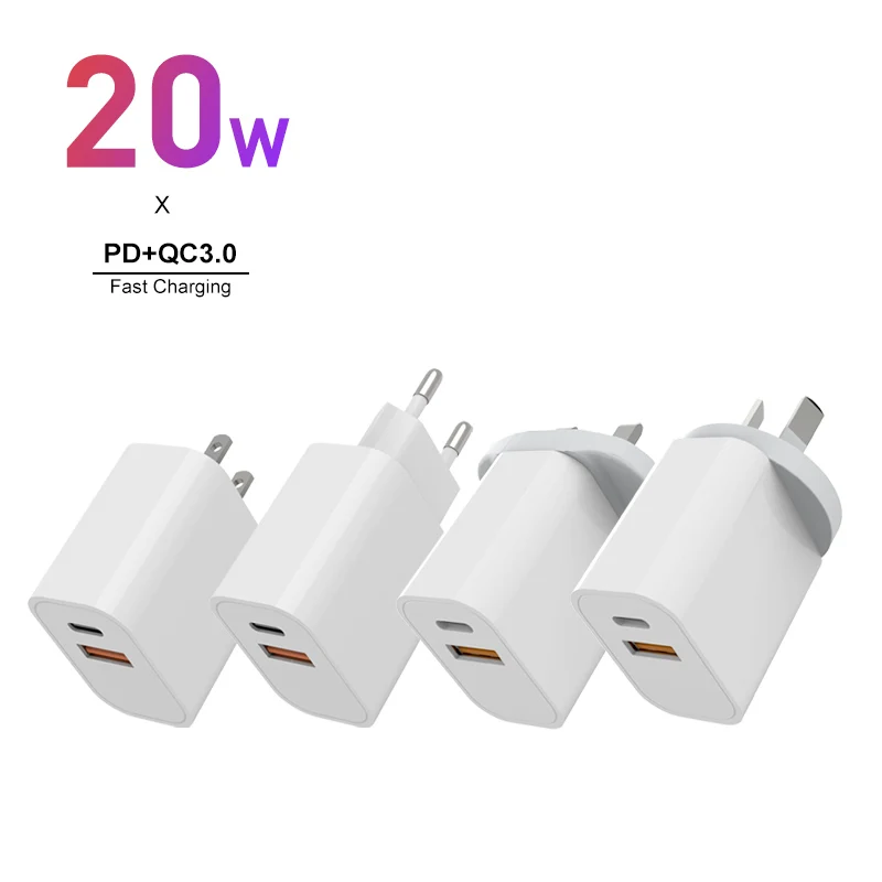 

High Speed 18w 20w Pd Charger Adapter Dual Usb Qc3.0 PD fast charging Mobile Phone Wall Charger With Us Uk Eu Plug