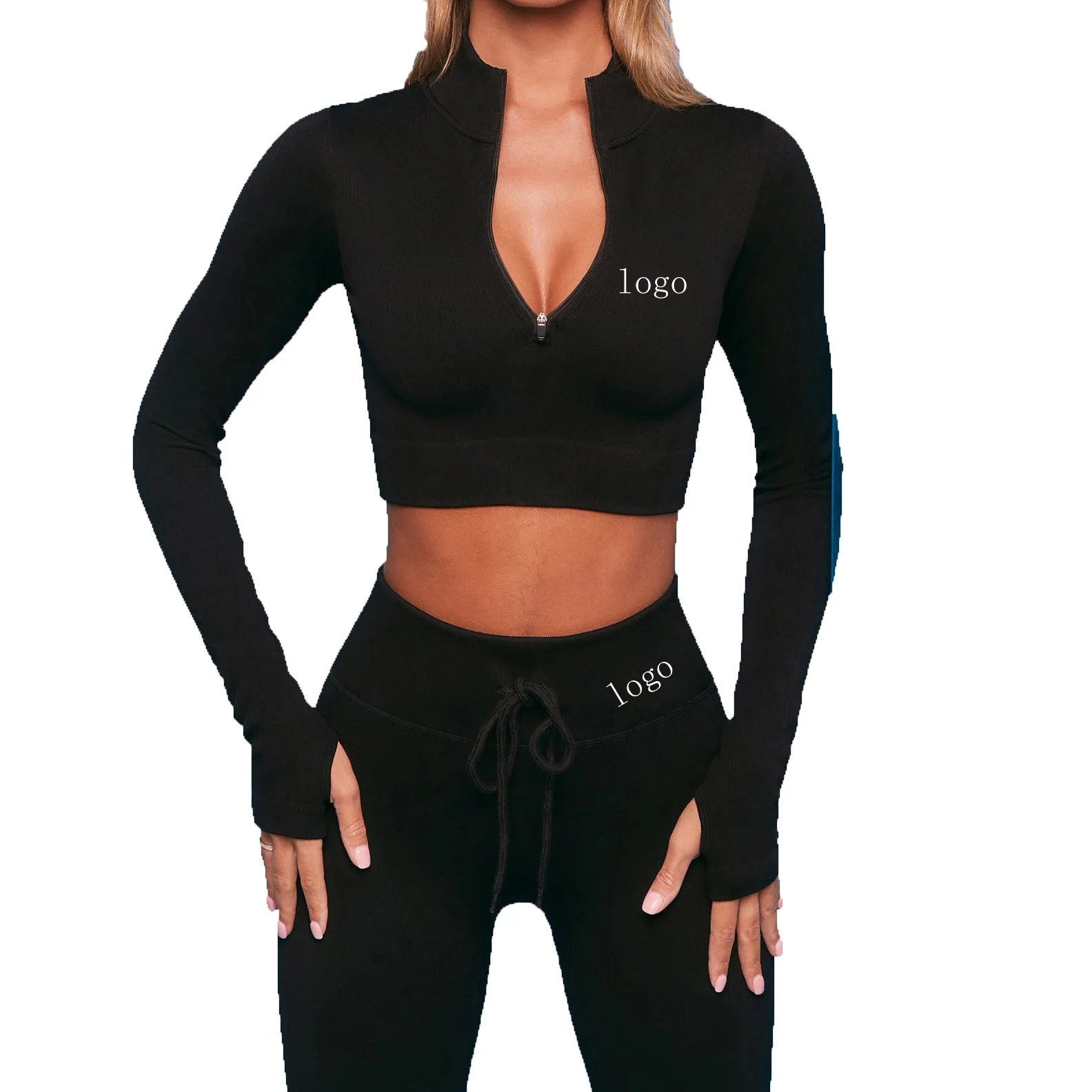 

Custom Logo Gym Fitness Sets Zipper bra high waist pants fitness suit running fitness Ribbed yoga suit sports suit