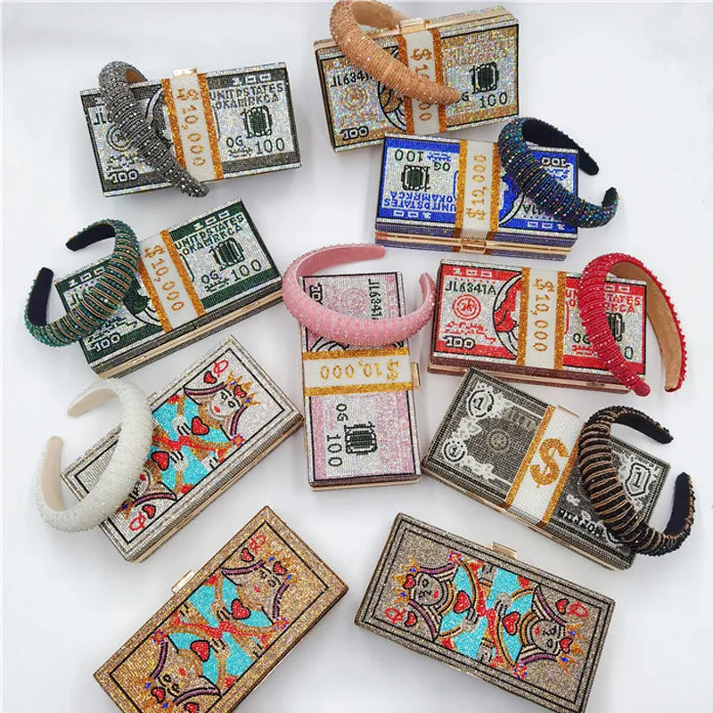 

rhinestone money bags with headband sets purse for women fashion design 2020 new bling money bags hot sale rhinestone headband, 12 colors
