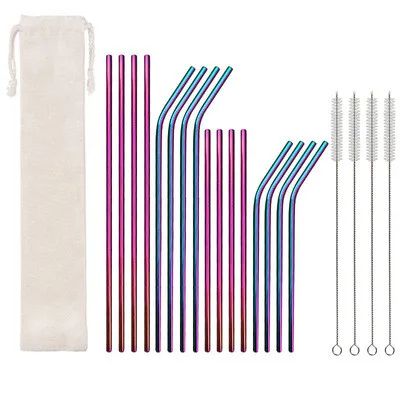 

Reusable Stainless Steel Straw Set Titanium-plated Multi-color Metal Beverage Straw Cleaning Brush, 5 color