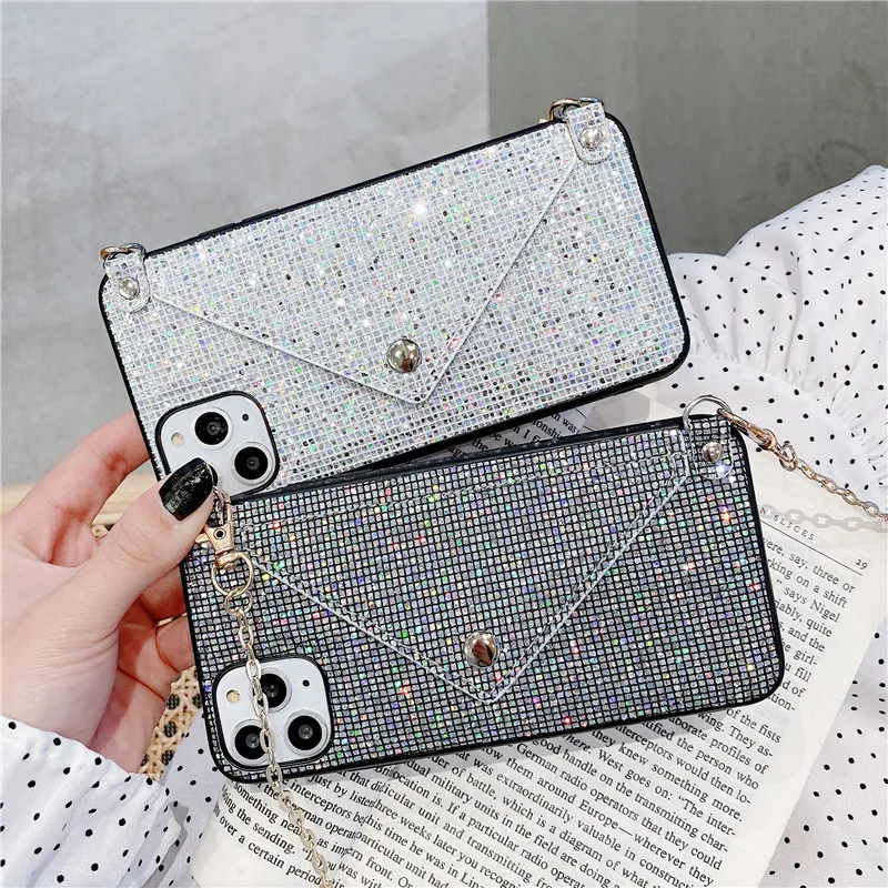 

Card holder bag chain purse envelope wallet mobile cell phone case designer cross-body case shinny rhinestone for women lady