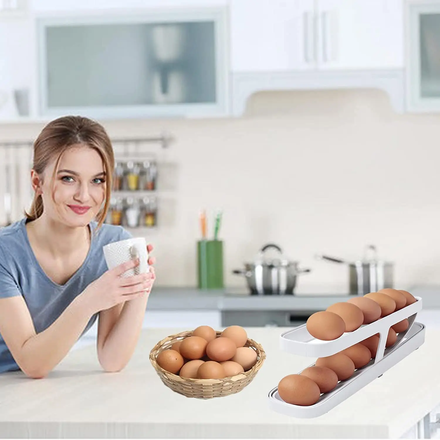 Image of Automatic Scrolling Egg Rack Holder Storage Box Basket Plastic Egg Container Kitchen roll down refrigerator egg dispenser