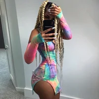 

Buy wholesale ladies dress women sexy spaghetti strap deep v neck long sleeve backless neon tie dye dress