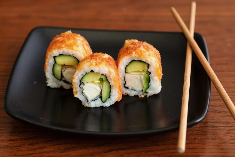 Ginger Red Asian Bistro signature Dragon Roll with eel, avocado, and cucumber arranged on a black plate with chopsticks