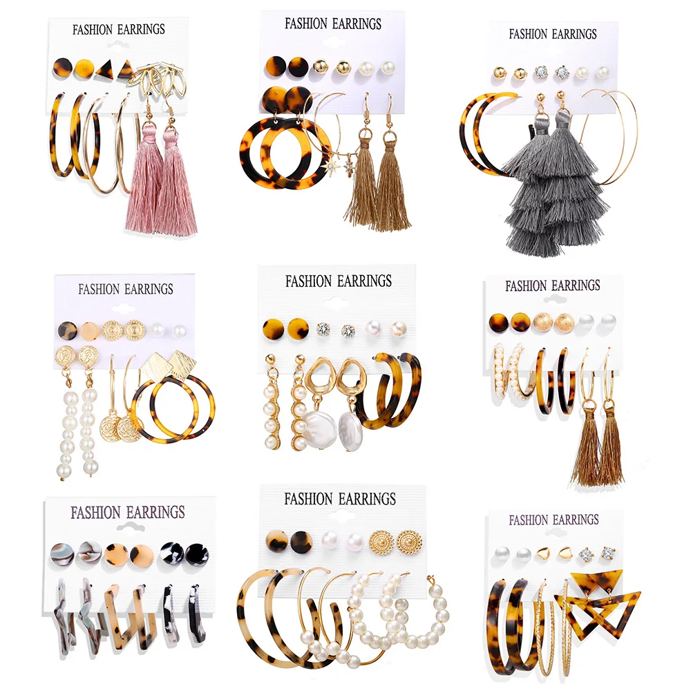 

Fashion 6 Piece set Acrylic Faux Pearl hoop Tfringed tassel stud Earring For Women, Gold