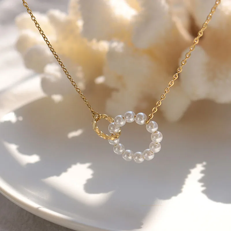 

Dainty titanium stainless steel gold plated double circle pearl pendant necklace