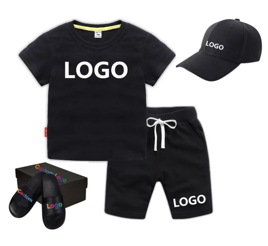 

Children's clothing boys summer casual short-sleeved solid color girls custom logo logo t-shirt and shorts set 2-piece set, 1-13