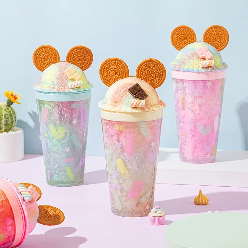 

450ml 16oz Double Wall Mouse Ear Clear Cups Acrylic Tumbler with Straw and Dome Lid,Cute Pink Green Double Wall plastic tumbler, Customized color